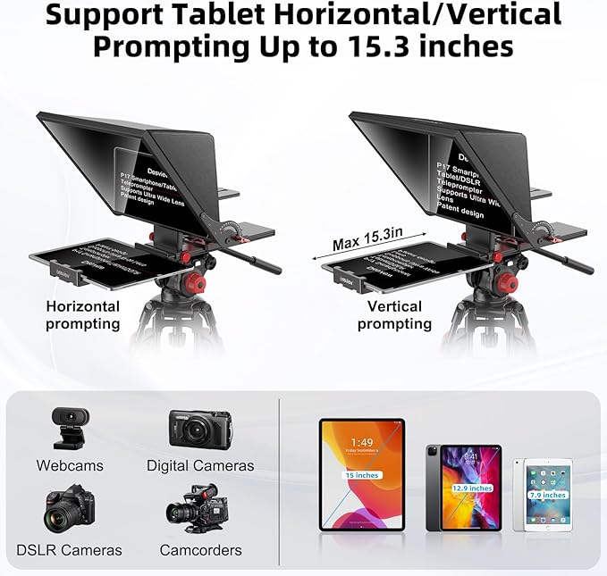 Desview P15 Teleprompter 15 inch Professional Prompter with HD Glass & Adjustable Mirror Compatible with DSLR Cameras Smartphones Tablets for Video Recording Live Streaming