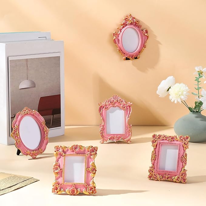 Maitys 5 Pcs Mini Picture Vintage Frames with Stands Tiny Antique Photo Baroque Ornate Resin Oval Frame Table Top Display Home Wedding Decor (Pink Gold)