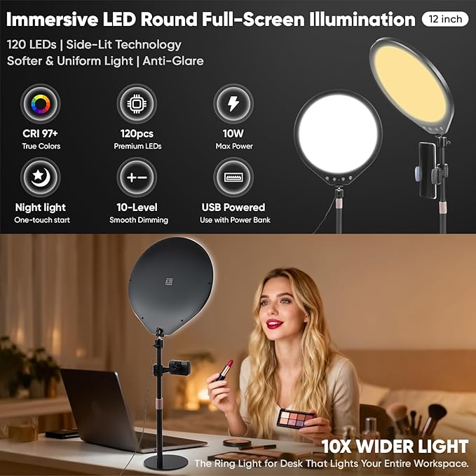 10W 12" Ring Light with Desk Stand & Phone Holder, Dimmable 360° Rotatable LED Full Screen Computer Lamp for Zoom Meetings, Streaming, Gaming, TikTok,YouTube,Videos with Night Light Mode