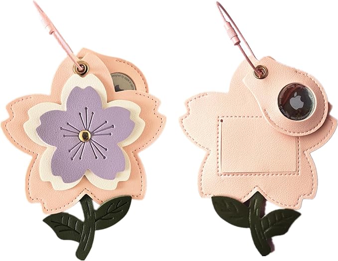 Cute Leather Luggage Tag Holder with Airtag Case Set,Hidden Compartment for AirTag Travel Suitcase Tracking Case with Stainless Steel Loop,Name ID Label(Purple Cherry Blossoms)