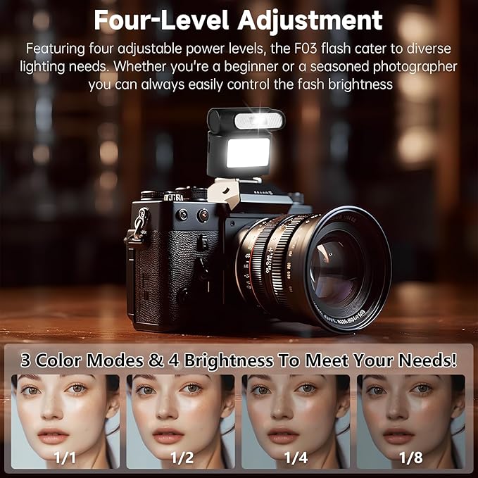 Mini Camera Flash Speedlite with Video Light, GN8 6500K Adjustable External Flash, Universal Single Contact Hot Shoe Mount, Compatible with Canon/Nikon/Sony/Fuji/DSLR