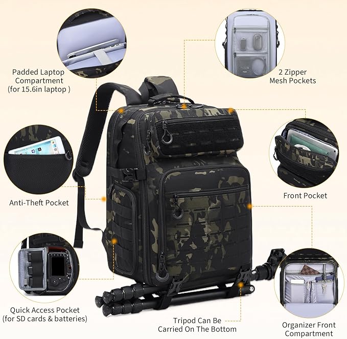 HAMBOLY Professional Camera Bag Backpack, Large Waterproof Photography Bag Case for DSLR/SLR/Mirrorless Camera with Tripod Holder/15.6’’ Laptop Compartment/Rain Cover