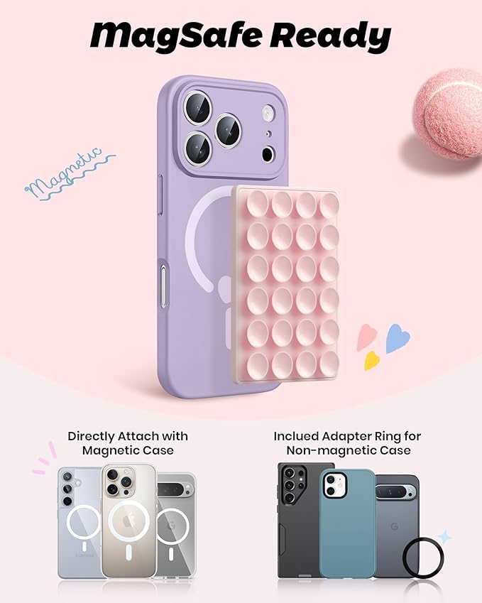 amBand Magnetic Suction Phone Mount for MagSafe Case, Silicone Octo Cup Buddy Sticky Grip Holder for iPhone, Removable Hands-Free Selfie/Video for TikTok Influencers, Women Gift, Light Pink