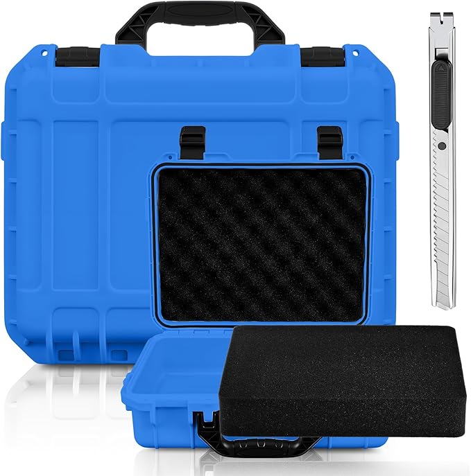 Relaxweex 1 Pcs 16.3 x 12.4 x 6.5 Inch Waterproof Hard Case with DIY Customizable Foam Insert Portable Protective Case with Knife for Camera Drones Equipments Tools Test Instruments (Blue)