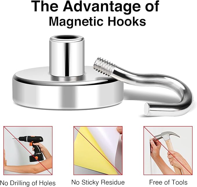 MIKEDE Magnetic Hooks, 50Lbs+ Heavy Duty Magnet Hooks for Cruise Cabins, Super Neodymium Hanging Hooks Strong Magnets with Hook for Fridge, Magnetic Hanger for Grill, Toolbox, Storage, Pack of 4