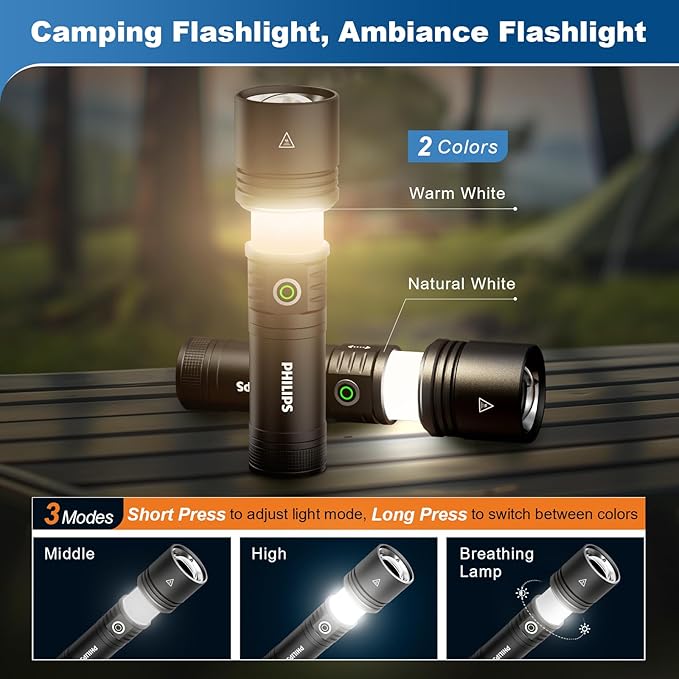 Philips Flashlights High Lumens Rechargeable with Ignition Lens,3000lm Tactical Flashlights with Camping Lamp,2 Colors Zoomable 5Modes Reverse Charging LED Bright Flashlight for Home Outdoor Gift
