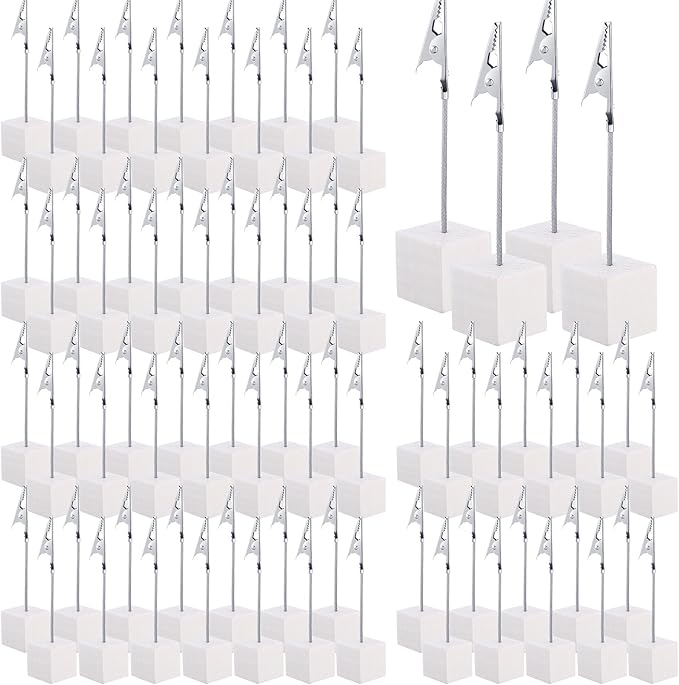 Gersoniel 100 Pcs Cube Base Memo Clip Holder with Alligator Clip Wood Table Number Holder Cube Base Place Card Stand Mini Photo Menu Stand for Displaying Number Card (White)