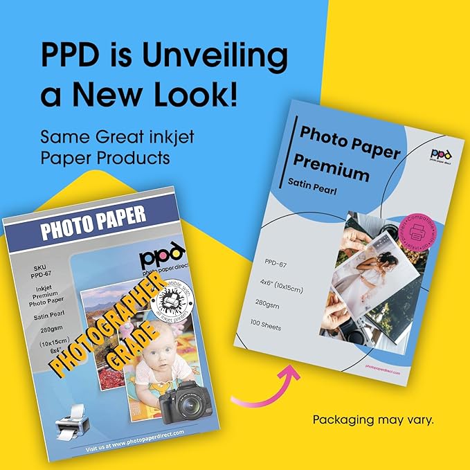 PPD Satin Photo Paper for Inkjet Printer, Premium Semi-Gloss Luster Finish 4 x 6 Size Sheets for Printable Photos, Thick 255 gsm 68 lbs 10.5 mil, White, Water Resistant & Instant Dry Prints (100 Pack)