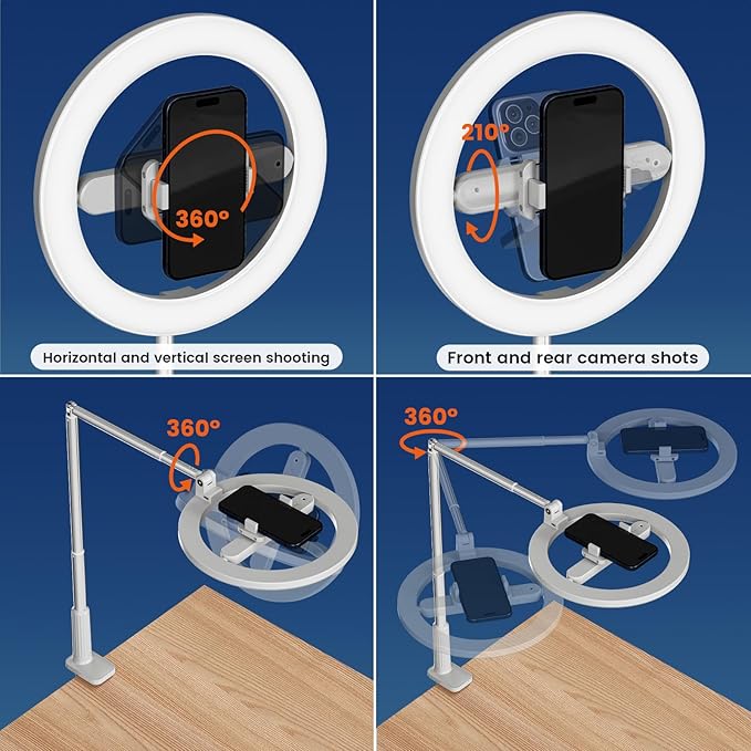 Ring Light with Overhead Phone Mount, 10" Selfie Light with Stand and Phone Holder for Video Recording, Desk Overhead Tripod for Content Creators, TikTok, YouTube, Zoom Meeting, Live Streaming
