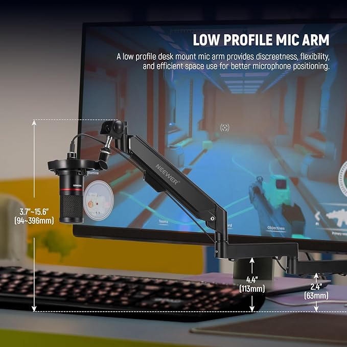 Neewer Low Profile Mic Arm Desk Mount, 360° Swivel Boom Arm with Pneumatic Damping Adjustable, Cable Management, Compatible with Shure MV7 SM7B Blue Yeti Gaming Streaming Podcast Microphone, MS002