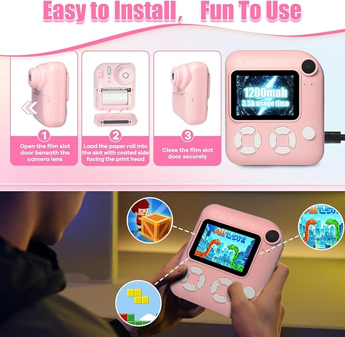 Instant Print Camera for Kids, Christmas Birthday Gifts for Kids Ages 3-12, 16X Zoom,1080P Vedio Selfie Digital Camera,Toddler Portable Toy for Girls and Boys with 32GB TF Card (Pink)