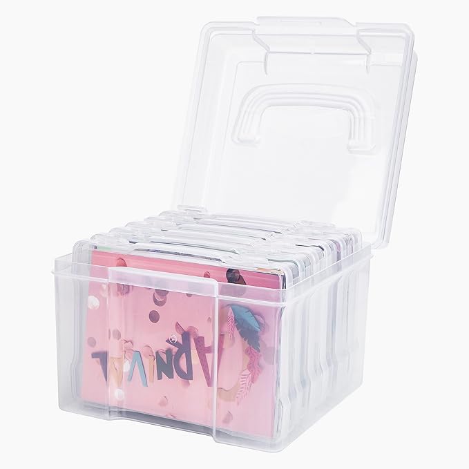CraftGenes Photo Organizers and Storage 5x7 with Handle, 6 Inner Plastic Photo Storage Box, Dustproof Picture Containers for Index Cards, Stamps, Crafts, Seeds, Sticker Storage