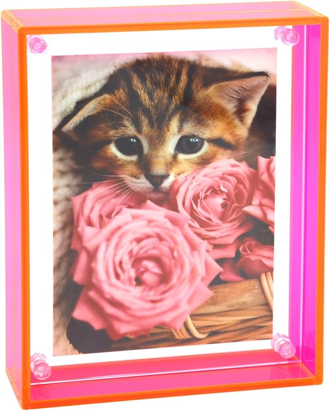 Gelite Acrylic A4 Frame to Display A4 Pictures or Smaller Mat-free Neon Floating Photo Frame for Wall and Tabletop, Neon Pink