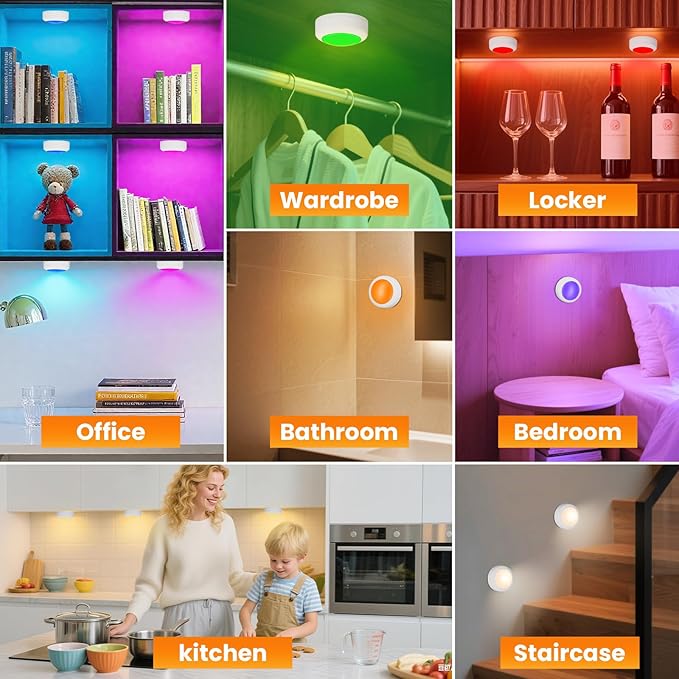LED Puck Lights with Remote Control, 16 Color Changing Under Cabinet Lighting with Dimmer & Timer, AAA Battery Operated,Under for Closet Bedroom Kitchen, Stai (3 Pack Black)