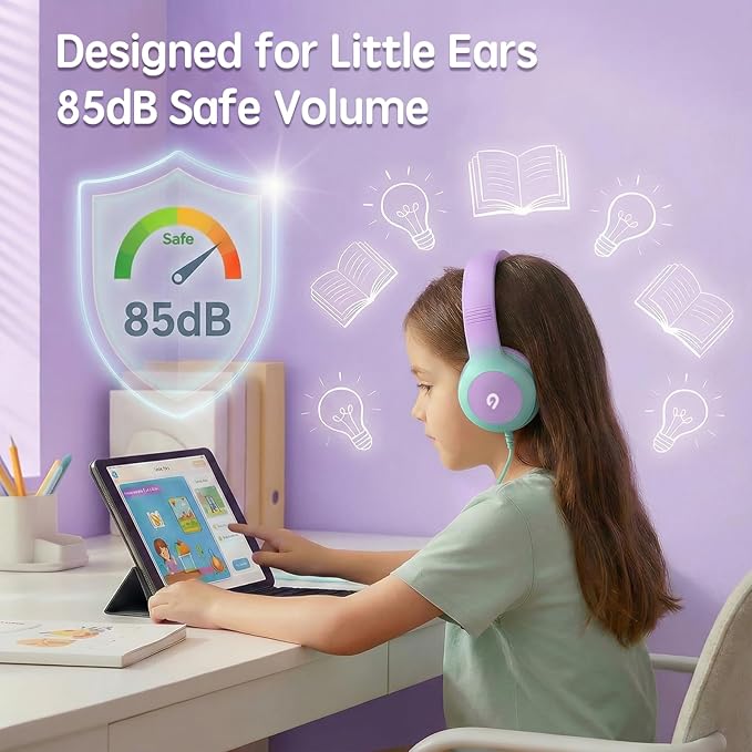Wired Kids Headphones with USB C Plug, 85dB Safe Volume, Adjustable Headband, Tangle-Free Cord Headphones for School, Tablet, Travel (Lavender & Mint Green, Without Microphone)