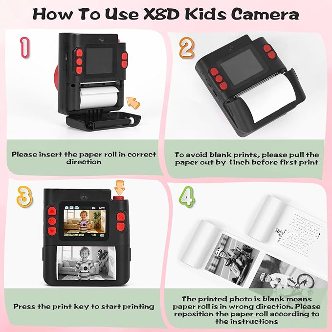 Kids Camera Instant Print, 1080P HD Dual-Lens Selfie Digital Camera with 5 Printing Paper Rolls & 32G TF Card, for Children, Portable Toddler Toy for Age 3-12 Boys & Girls (Black)