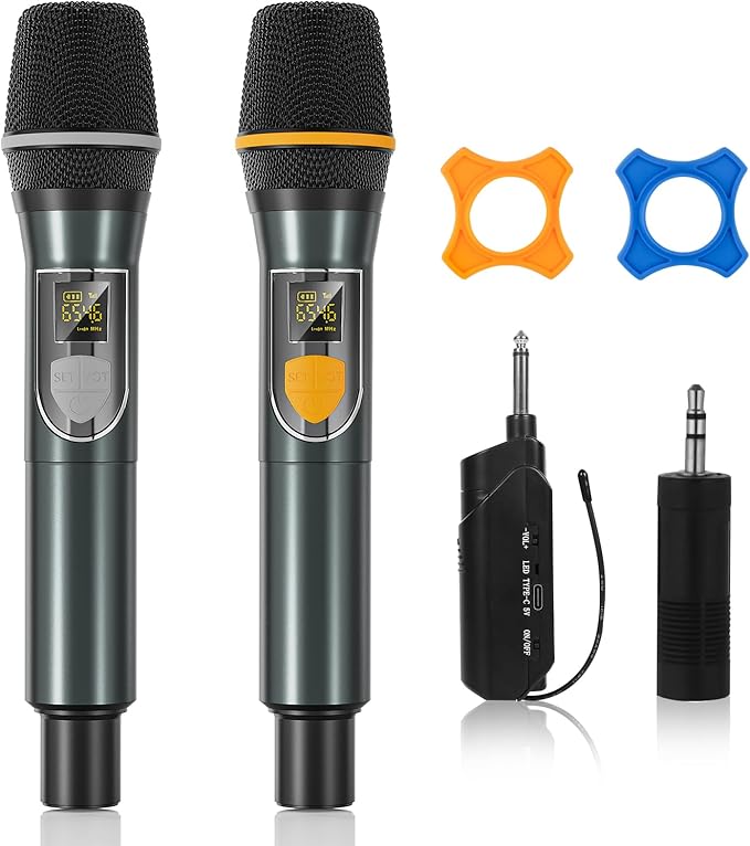 Wireless Microphones, Professional UHF Dual Microphones for Karaoke, Wireless Dynamic Microphone System Set with Rechargeable Receiver,Plug and Play, Speech, Wedding, Church, PA System