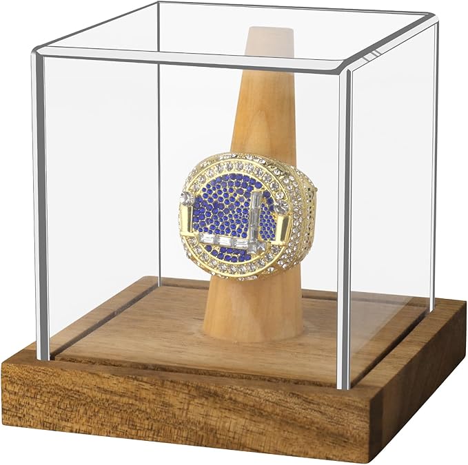 Hooqict Championship Ring Display Case Clear Acrylic Ring Case Display Box UV Protected with Wood Base Stand for Sports Baseball Basketball Softball Football Single Ring Holder Coin Stand