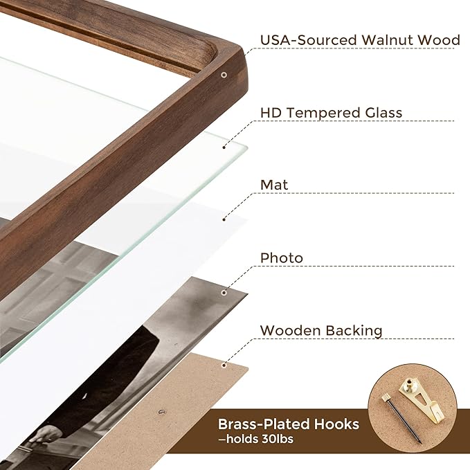 11x14 Wooden Picture Frames USA-Sourced Natural Walnut Solid Wood Photo Frame Handcrafted Rounded Corner with Mat to 8x10 Picture Frame Vintage Display with Real Glass Family Picture， 2 Pack