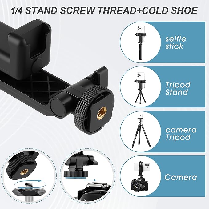 Universal Cell Phone Tripod Mount Adapter, Camera Hot Shoe Phone Holder Clamp with 360 Rotation Bracket 1/4" Screw Hole for Canon Nikon Sony DSLR iPhone Android