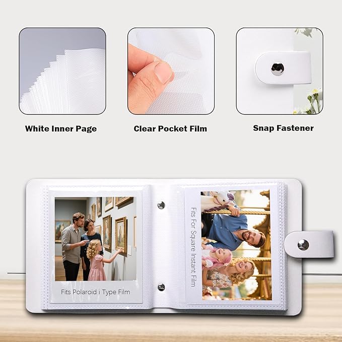 52 Pockets Mini Photo Album Fits Polaroid 600/i-Type/SX-70 Instant Film & Fujifilm Instax Wide 300/400 Instant Photos,PU Leather Cover 3.5x4.25 Inch Pictures Book (White)