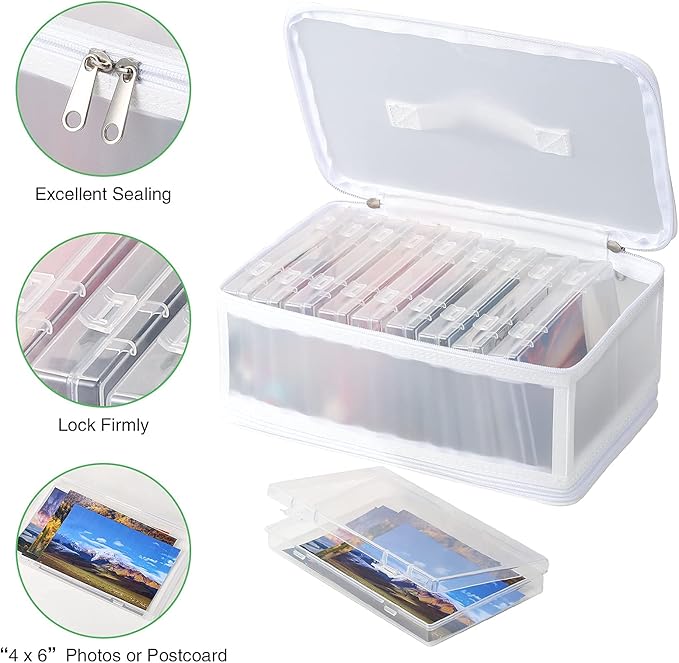 Gbivbe Photo Storage Bag 4x6, 10 Inner Large Photo Storage Box Photo Cases Store up to 1000 Photos, Photo Organizer Cards Craft Keeper with Handle for Photo Puzzles Cards Seed Packets (White)