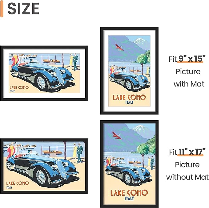 upsimples 11x17 Picture Frame Set of 10, Display Pictures 9x15 with Mat or 11x17 Without, Multi Photo Frames Collage for Wall Display, Black