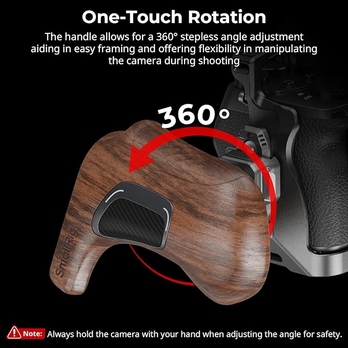 SMALLRIG Rotating Right-Side Wooden Handle with NATO Clamp & NATO Rail, Load Capacity up to 15kg, One-Touch Rotation, 360° Angle Adjustment, Anti-Slip Design