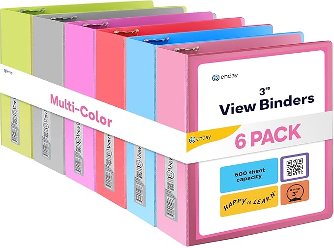 Enday 3 inch Binder (6 Pack - Assorted Colors) 3 Ring Binder 3 inch with Clear View Cover and 2 Inside Pocket - for Letter Size 8.5 x 11'' Paper, Ideal for School Supplies, Office, and Home