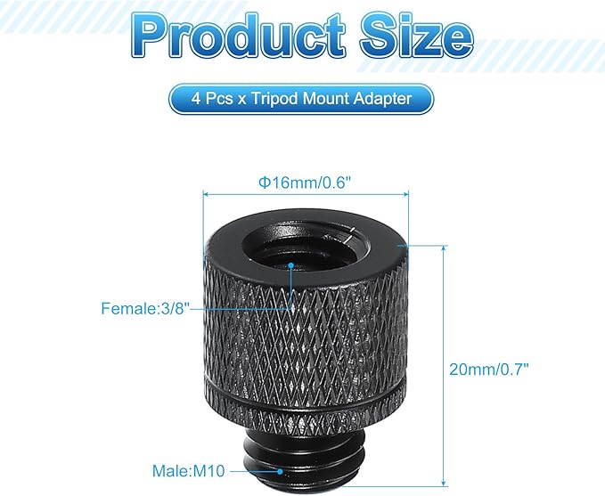 PATIKIL Tripod Screw Adapter 3/8" Female to M10 Male, 4 Pcs Tripod Nut Connectors Camera Mount Screw Camera Double Head Converter for Microphone Holder Magic Arms Accessories, 20 mm