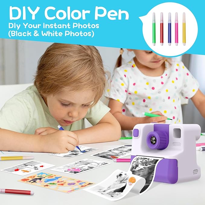 Kids Camera Instant Print, Christmas Birthday Gifts for Girl Boys 3-12 Years Old, FHD Selfie Digital Video Cameras Toddler 3 Rolls Print Paper & 32G Card (Retro, Purple-White)
