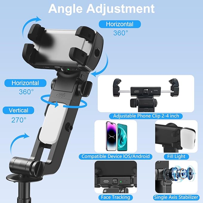 Gimbal Stabilizer for iPhone and Android, Auto Face Tracking Tripod 360 Rotation, Selfie Stick with Gimbal Stabilizer, 71” Phone Stabilizer with Remote Control & Light for Vlog Video Recording