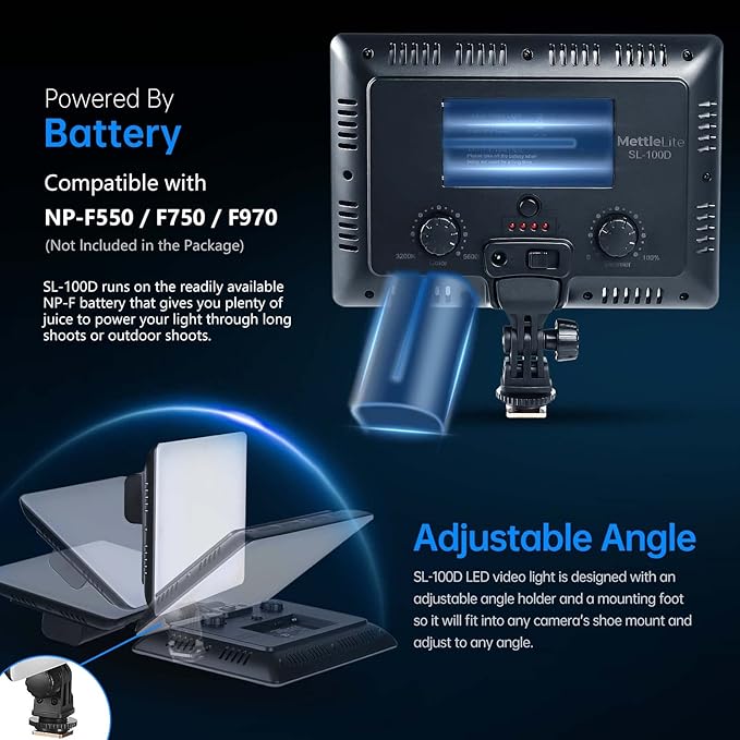 Mettlelite SL100D LED Video Light Bi-Color on Camera Continuous Dimmable Photography Lighting Portable Studio LED Panel 3200K-5600K CRI95+ Ultra Bright Camera Light for Photography and Video Recording
