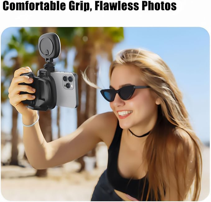 Phone Camera Grip with Selfie Ring Light & Detachable Bluetooth Remote Control, TikTok Scrolling Remote Shutter, Cold Shoe for Light/Mic, Compatible with iPhone & Android Phone