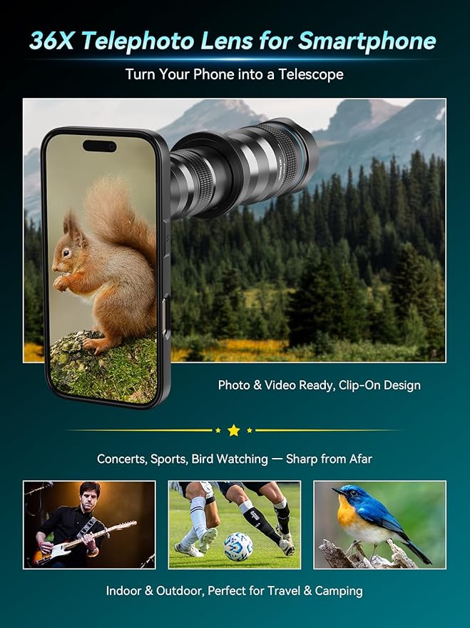APEXEL 36x Telephoto Lens Compatible with iPhone 16 Pro Max | Photography for Travel, Birdwatching, Exploration | Kit with Sturdy Metal Tripod and Threaded Phone Case