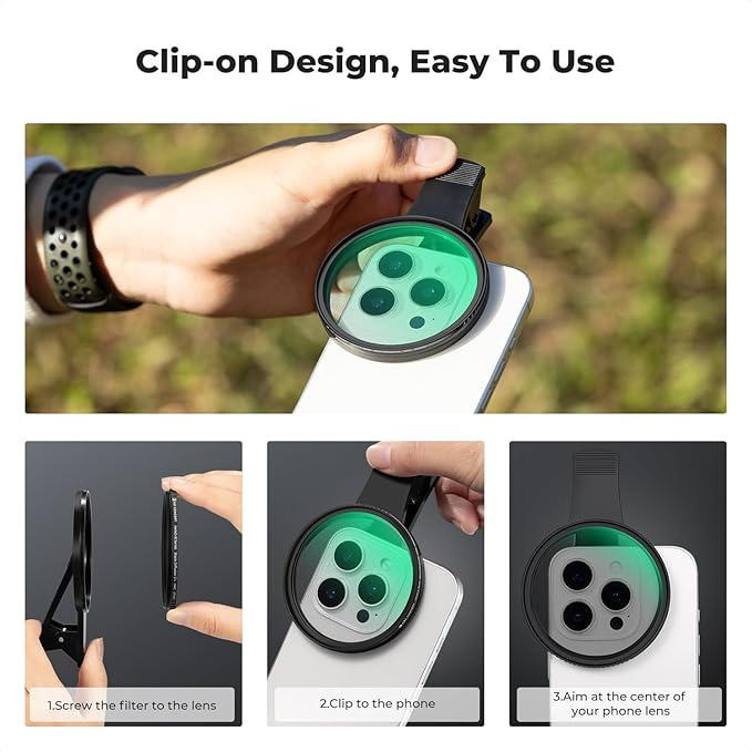 K&F CONCEPT 67mm Clip-on Black Diffusion 1/4 Phone Camera Lens Filter Kit, Mist Cinematic Effect Filter Compatible with iPhone 16 15 14 13 12 11, for Video/Vlog/Portrait Photography