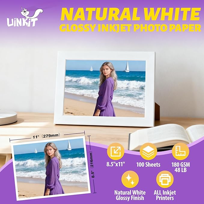 Uinkit Glossy 8.5x11 100 Sheets Inkjet Photo Paper 48lb 180Gsm Professional Photographic Paper Letter Size 8.5Mil Instant Dry Suitable for All Ink Printers