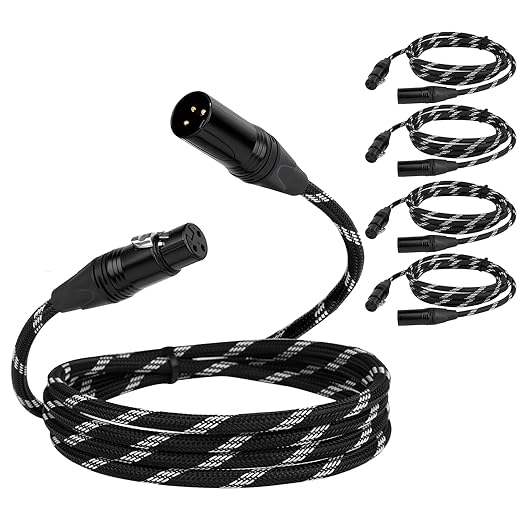 Pro XLR Cables - 5 Pack: 6ft Quad-Core Twisted Dual-Shielded Nylon-Braided Oxygen-Free Copper (OFC) 3-Pin Male-to-Female Microphone Cables