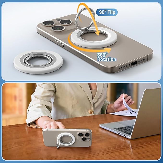 Phone Ring Holder, Dual Sided Magnetic Phone Grip Magnet Cell Phone Finger Holder for Hand Removable Slim Handle Grip Kickstand Compatible for MagSafe iPhone 17/16/15/14/13/12 Series, White