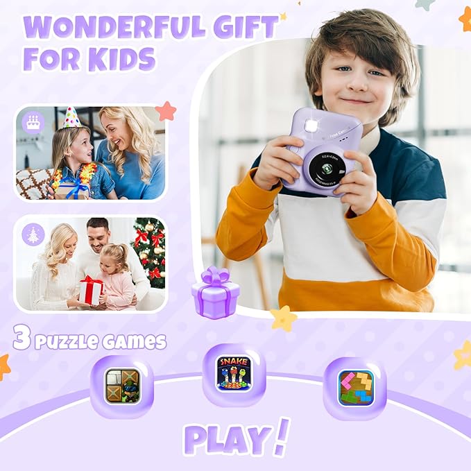 Kids Camera Instant Print, 3.0'' Screen 48MP Photo Instant Camera for Kids with 32GB Card, 1080P HD Digital Child Printable Camera, Gift for 3-12 Year Old Girls Boys (Purple)