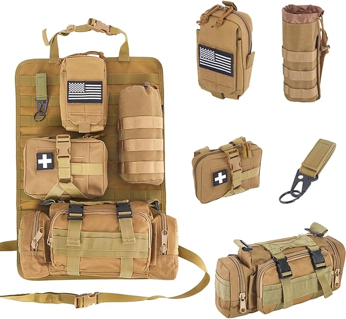 Universal Tactical Car Seat Back Organizer Bag Tactical Molle Vehicle Organizers Panel Vehicle Protector Organizers with 4 Detachable Pouches for Car Truck Ford Jeep Vehicle (Khaki)