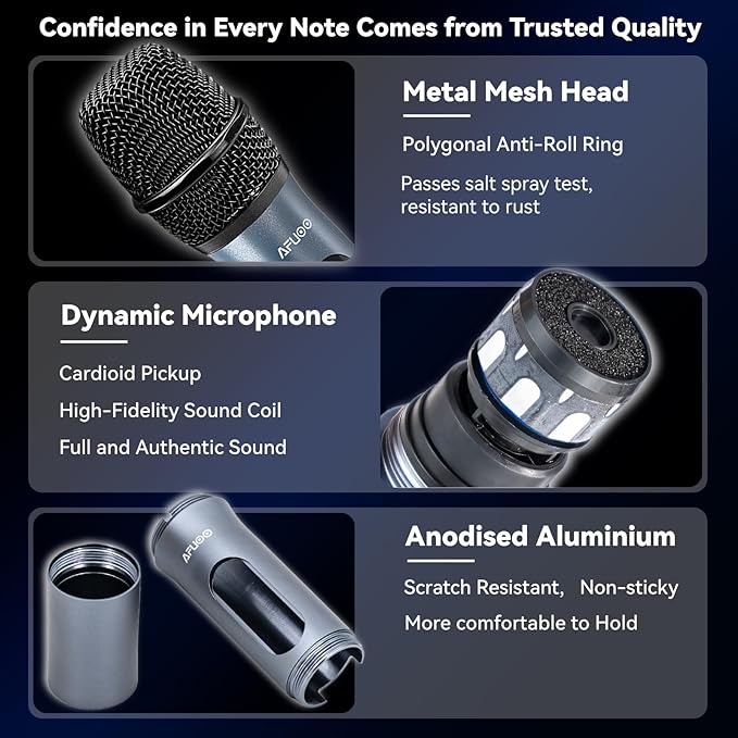 Wireless Microphone Set for Singing, Speech & Karaoke, 2.4GHz Dual-Mic Receiver, 200ft, Storage Bag Included, Metal Cordless Mic 2 Pack for Karaoke Machines, PA Systems, PartyBox, Gray-Blue