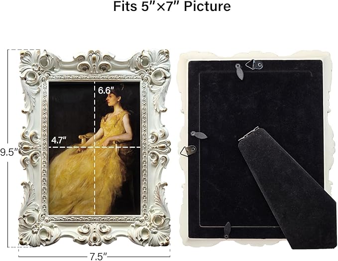 CISOO 5x7 Vintage Picture Frame Antique Ornate White and Gold Photo Frame, for Table Top and Wall Display, Decorative Floral Design Retro Home Decor, Photo Gallery Art