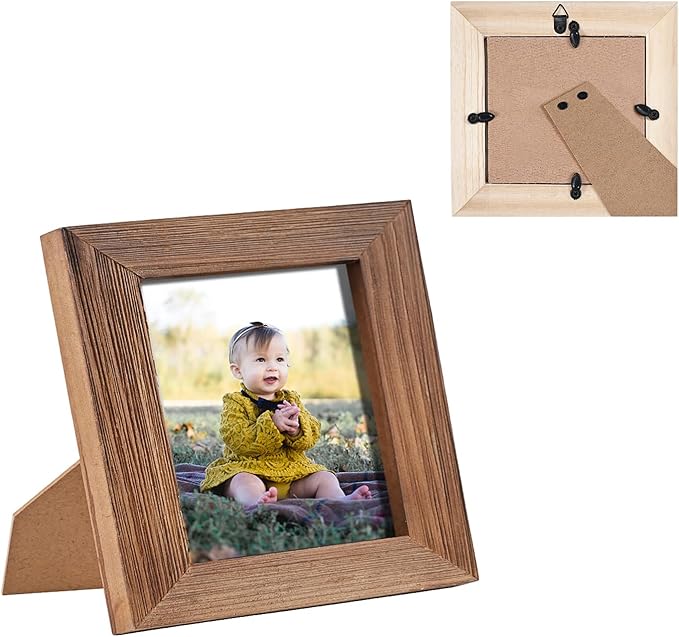 4 x 4 Picture Frame Square Wood Distressed Simple Striped Border Designed Brown Wooden Photo Frame with HD Glass for Tabletop Display Wall Mount Wedding Baby Family Farmhouse Collage Home Office Decor