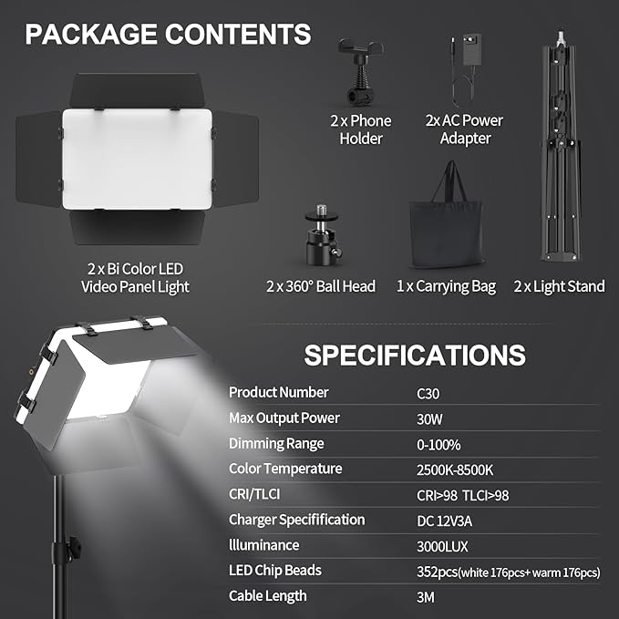 2 Pack LED Video Light with Barndoor, 30W Photography Lighting with Tripod Stand, 3000Lux CRI 98+ 2500K-8500K Studio Light Podcast Lighting for Video Recording, Game Live Streaming, Vlogging
