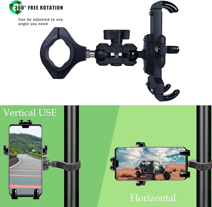 Hamdril UTV Phone Mount, 720° Rotation at Any Angle, Suitable for 1.5-2-inch Roll Bars. The All-Metal UTV Phone Holder Provides Heavy-Duty Protection and is Compatible with 4.7-7.2-inch Smartphones.