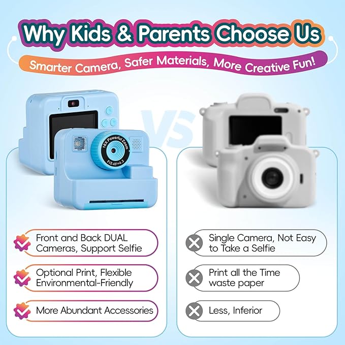Kids Instant Print Camera, 1080P Selfie Video Camera with DIY Journal Kit – 200+ Accessories, Christmas & Birthday Gifts for Girls & Boys Ages 3-12 (Blue)