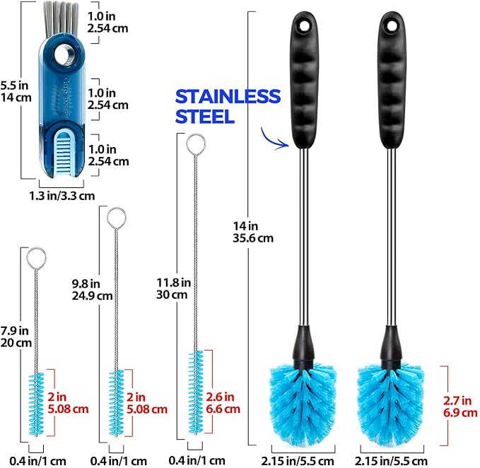 Holikme 6 Pack Brush Set, 14" Long Handle Stainless Steel Cleaner, 3 Straw Brushes, 3-in-1 Cleaning Brush for Water and Baby Bottles, Straws - Blue