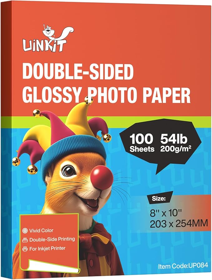 Uinkit Double Sided Photo Paper Glossy 8x10 inches 54lbs Inkjet for Dye Ink 200Gsm Value Bulk Pack Picture 8.5 x 10 9.5Mil for Inkjet Printing Printer (100, 8x10)
