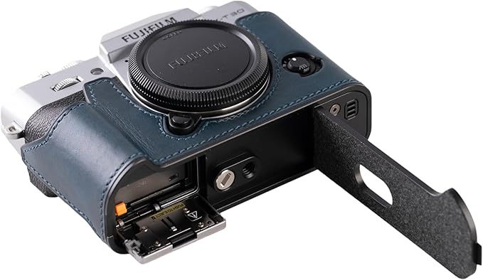 Handmade Genuine Leather Camera Half Case for FUJIFILM X-T30III /FUJIFILM X-T30III Camera Case/FUJIFILM X-T30III Case - Top Layer Cowhide Body + Metal Base Plate (Museum-C-Blue)
